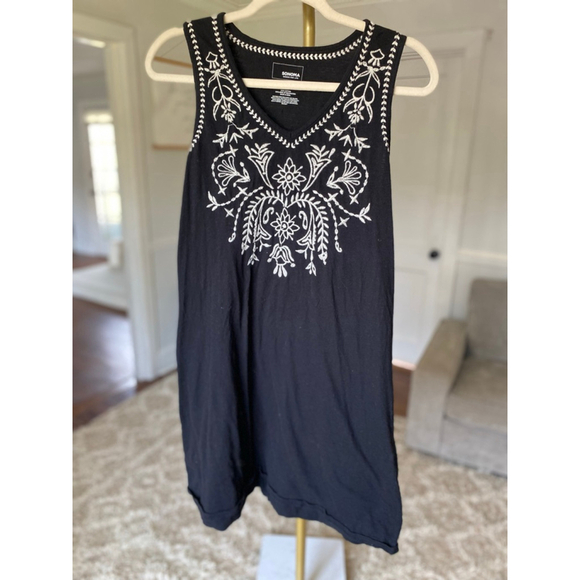 Sonoma 100% Cotton Mini Dress Summer Black Embroidered Boho Cottagecore Resort M - Picture 2 of 5
